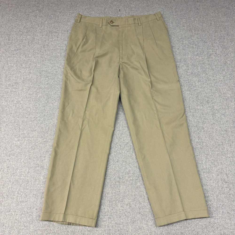 Charleston Khakis Pleated Pants 38 R Tan Herringbone Cotton Tencel Cuffed Dress